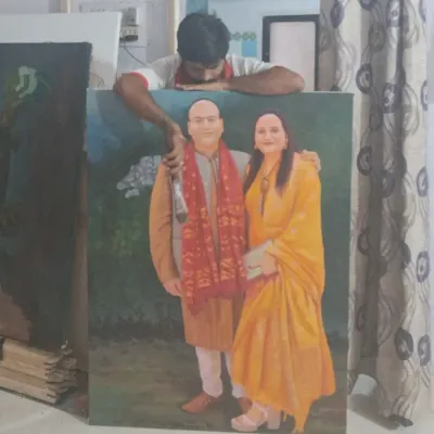 This is a commissioned portrait, 48 by 36 inches, in acrylic on canvas. I am seen here with the finished piece, which was created to capture a cherished memory for the clients.