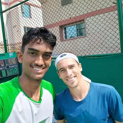 Our player Mukil gets a photo with ATP pro Geoffrey Blancaneaux, the winner of the Delhi Open 2024, an inspiring moment for our trainee.