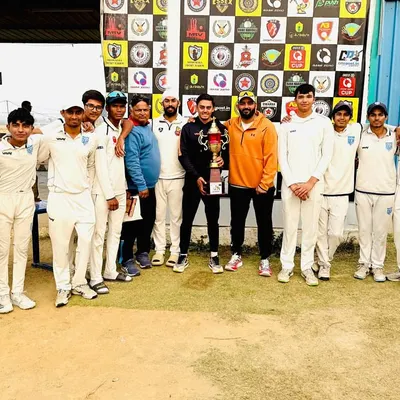 The full squad with the 9th Bhagwan Parshuram Open Cricket Tournament trophy. A proud moment for the entire Delhi Cricket Hub family after a hard-fought final.