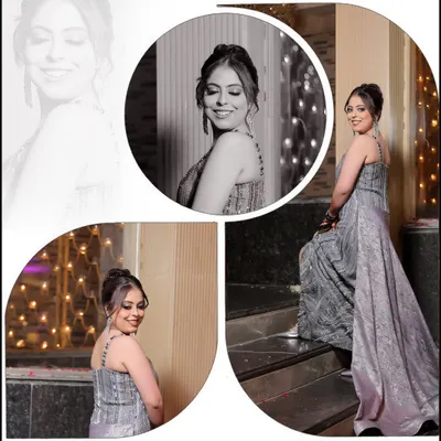 A beautiful collage showcasing a bride's look for one of her events. The mix of color and black and white photos highlights her elegant gown and joyful smile from different angles.