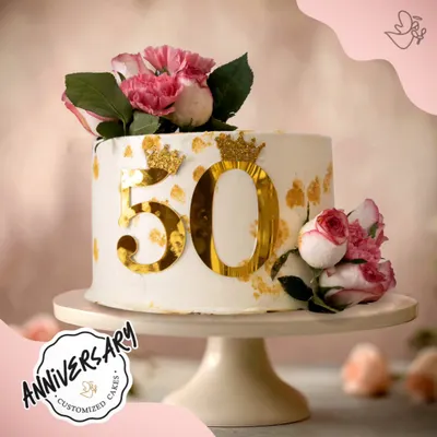 This gorgeous cake celebrates a love that's truly golden. We designed this elegant 50th-anniversary cake with striking gold accents and fresh pink roses for a couple in Greater Kailash, marking their incredible milestone in style.