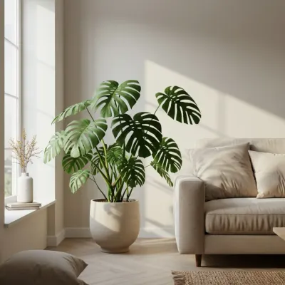 A sun-drenched corner is the perfect home for a statement Monstera. Its iconic leaves create beautiful shadows, adding a dynamic and artistic touch to this calm, minimalist living area.