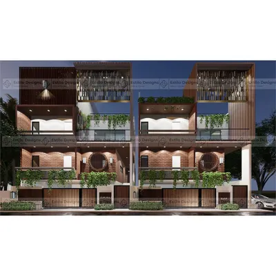 This is the "Twin House" project in RR Nagar, Bangalore, designed for a 60'x75' plot. The contemporary design uses natural elements like brick and wood, with a unique requirement to create two connected yet individually functional homes.