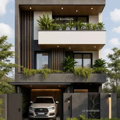 A 3D elevation concept for a modern home, featuring a balanced composition of concrete, vertical wood slats, and integrated planters. This design focuses on creating a timeless facade that connects with nature.