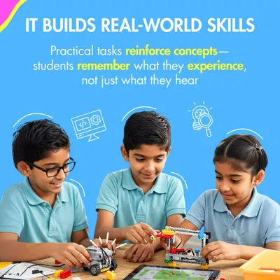 Three students collaborate to build and program a robot, demonstrating how my programs build real-world skills. Practical, hands-on tasks help reinforce abstract concepts, ensuring students remember what they experience, not just what they hear.