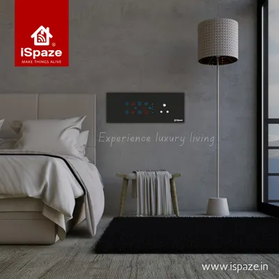 A look at our sleek black smart switchboard in a modern bedroom setting. The customizable RGB backlights add a touch of luxury and help you locate switches in the dark.