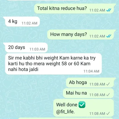 This client was struggling to get past the 58-60 kg mark, but with a customized plan and consistent effort, she successfully lost 4 kgs in just 20 days. I am here to guide you, just like I was for her.