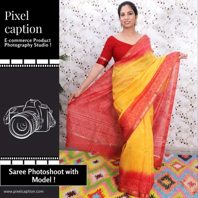 A full-length shot of a model wearing a beautiful red and yellow cotton saree. We ensure the drape and color are captured perfectly to attract customers looking for traditional Indian wear online.
