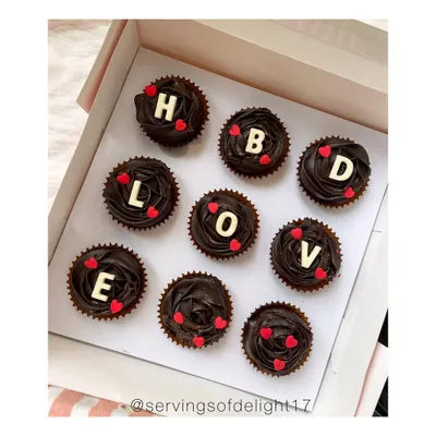A simple and sweet way to say it all. These are my double chocolate cupcakes, customized with "HBD LOVE" for a special birthday celebration. You can get any message you like!