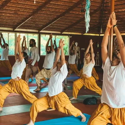 A group of students practices Virabhadrasana I (Warrior I) in our shala. The synchronized movement creates a powerful collective energy, while the use of the wall rope by one student shows our focus on props and alignment.