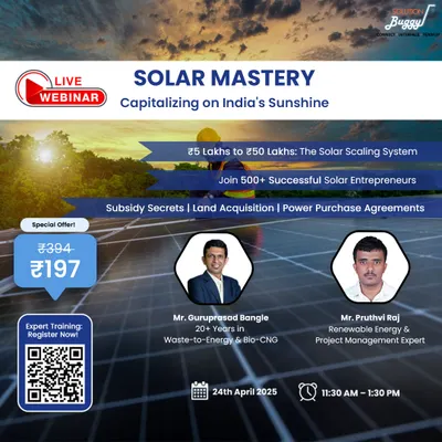 This ad for our "Solar Mastery" webinar features our expert speakers against a backdrop of solar panels. It details our training on scaling a solar business, from understanding subsidy secrets to acquiring land and securing Power Purchase Agreements.
