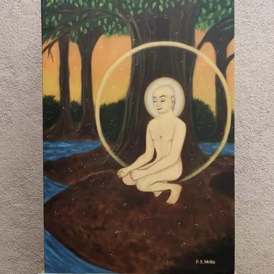 This commissioned oil painting of Mahavir Swami in a meditative state is ready to be shipped to its new home. I aimed to create a tranquil atmosphere with a glowing halo and natural surroundings.