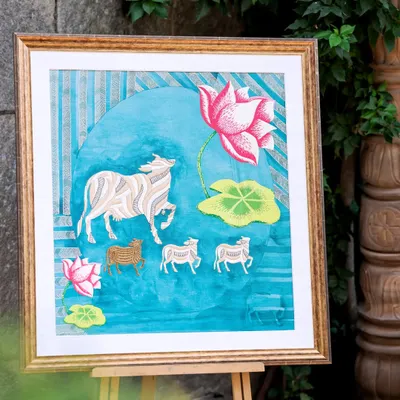 This piece from my Nandi Collection is a contemporary take on the traditional Pichwai art form. Created with hand embroidery on linen, it celebrates the rich visual language of my Indian heritage.
