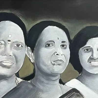 A special commissioned piece showing four generations of women in a single family, painted in a classic black and white acrylic style.