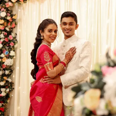 A classic engagement portrait for Jui and Parth. I created a soft, romantic look for the bride with a beautiful braided hairstyle that perfectly complements her pink saree.