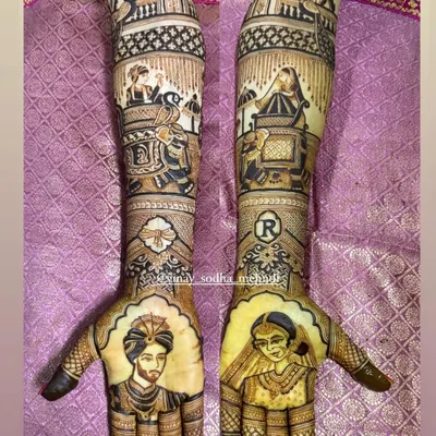 A royal bridal story captured in henna. This design features detailed portraits of the bride and groom, with a doli scene on the arms, symbolizing the beautiful journey ahead.