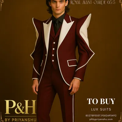 The definitive statement piece. A full-length view of the wine and white shark-inspired suit, showcasing its dramatic sculpted shoulders and sharp, contrasting lines against a rich brown backdrop.