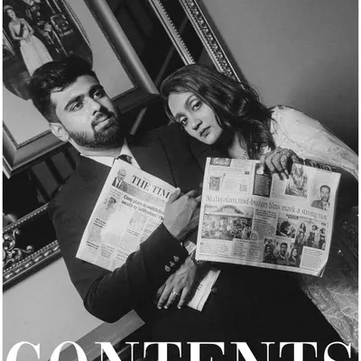 The "Contents" of their love story. This was a fun, creative concept we developed, using newspapers to create a vintage, editorial feel for their pre-wedding shoot at Turf Club, Pune.
