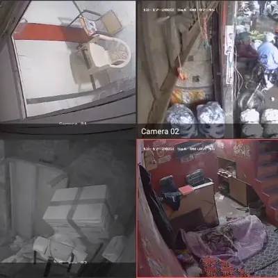 A real-world example of a four-camera system I installed at Azadpur Mandi. My systems are built to withstand busy commercial environments, providing clear footage of indoor and outdoor activity.
