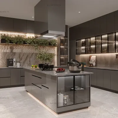 This modern kitchen features a sleek grey and golden color scheme for a luxurious look. The design includes an island with a built-in cooktop and seating, surrounded by ample storage and integrated greenery.