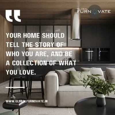 We believe your home should be a collection of what you love. This image captures the essence of a personalized living space, combining comfort with modern kitchen design in the background.