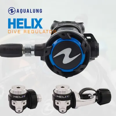 A detailed look at the Aqualung Helix Dive Regulator. The collage shows the balanced first stage, which automatically adjusts performance to counteract increased air density at depth, ensuring consistent breathing effort.