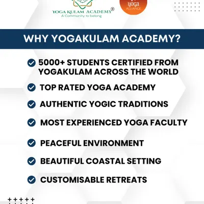 Why choose Yogakulam Academy? This graphic lists our key strengths: over 5000 certified students, experienced faculty, a peaceful environment, and customizable retreats.