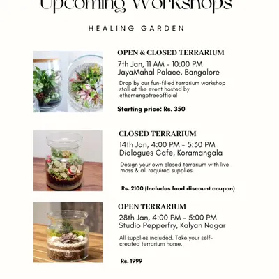 An announcement for our upcoming open and closed terrarium workshops in January. Check the flyer for dates, locations, and prices, and DM to register.