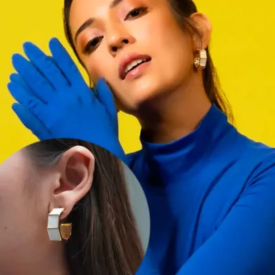 The lovely Barkha Singh wearing my ivory golden hoop earrings. This image shows how they can be styled for a bold, editorial look.