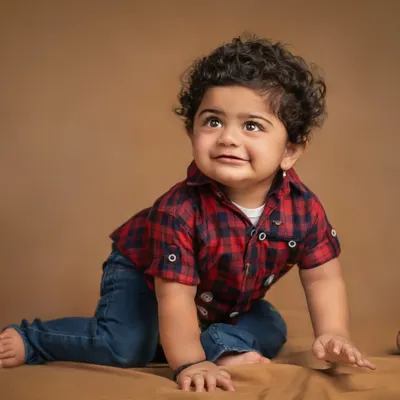 That curious, upward glance is so precious. This sitter session captures the personality of a baby boy in his cute plaid shirt as he explores the studio.