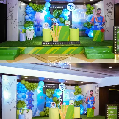 Howzat for a birthday bash! We hit it out of the park with this epic cricket theme for Jathin's 10th birthday, featuring a stadium-style stage and a cutout of his favorite player.
