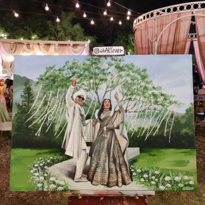The final painting for Prajakta Koli and Vrishank Khanal, set against the beautiful outdoor decor. We aimed to capture the fun and celebratory energy of their big day.