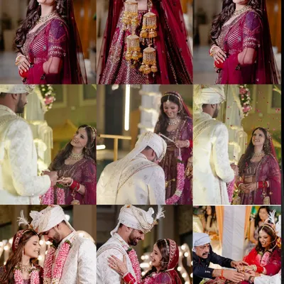 A collage capturing the many moods of a wedding day, from the bride's solo portraits to the key ceremony moments with her groom.