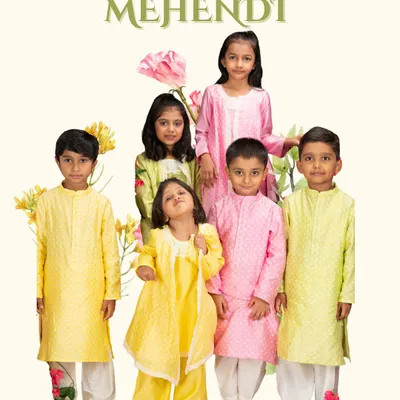 This image from my 'Mehendi' collection showcases a beautiful array of outfits in festive yellows, pinks, and greens. I designed these to be perfect for daytime wedding functions, ensuring the kids are comfortable and stylish.
