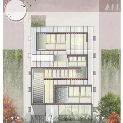 An elevation concept for the SCC commercial complex in Bengaluru. This graphic representation explores a dynamic facade with varied fenestration and material textures, creating a playful yet structured architectural language.