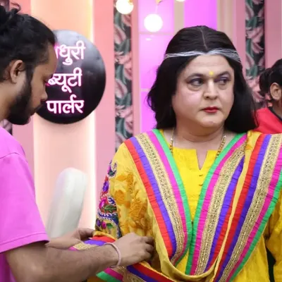 A behind the scenes moment while getting Ali Asgar sir ready. This character transformation involved careful makeup application and costume draping to bring 'Buwaa' to life on screen for the TV show.