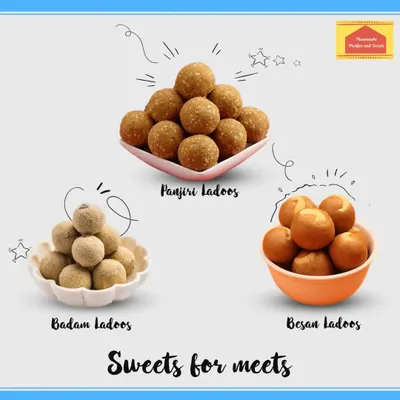 Here are my three signature sweets for all your meets. From the top, you have my immunity-boosting Panjiri Ladoos, classic Badam Ladoos, and the ever-popular Besan Ladoos.