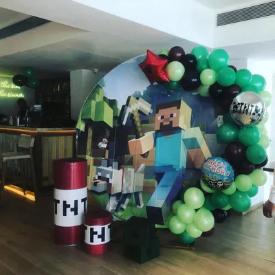 A full Minecraft-themed party setup. This includes a large printed backdrop with game characters, themed props like TNT barrels, and a balloon garland in signature green and black colors.