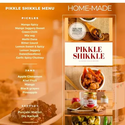 A detailed look at the Pikkle Shikkle menu. You can see our extensive list of pickles, jams, and savouries, including customer favourites like Spicy Mango Pickle and Punjabi Mathri.