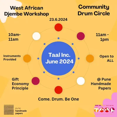 Here are the details for our June community drum circle and workshop. We start with a short lesson on a West African rhythm, then open it up for two hours of group music making.