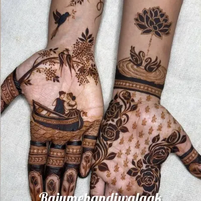 A very artistic and modern design. One hand shows a couple in a boat, while the other has swans and a lotus. This is for someone who wants a unique story on their hands.