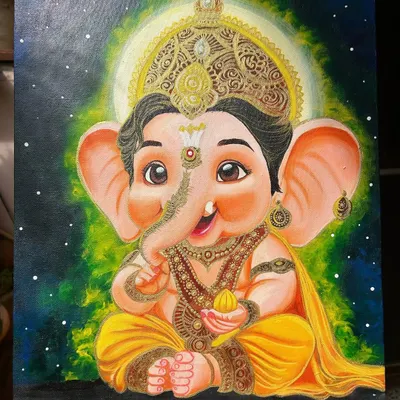 My finished Baal Ganesha painting on a 20x16 inch canvas, displayed on an easel. The dark, starry background makes the colors of his form pop, and the halo around his head gives him a divine glow.