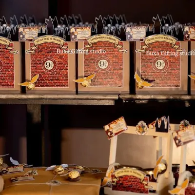 All aboard the Hogwarts Express. These Harry Potter themed hampers are ready to go, featuring Platform 9¾ boxes, golden snitch chocolates, and castle cutouts.
