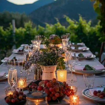 The art of celebration extends to the dining experience. I styled this rustic-elegant tablescape for an outdoor dinner, using natural elements, candlelight, and fine details to create a warm and inviting atmosphere for guests.