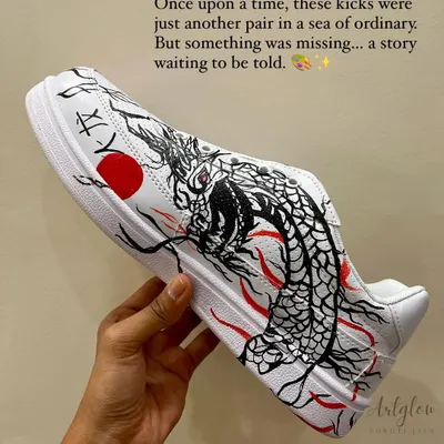 Once, these kicks were just an ordinary pair of shoes. I saw them as a blank canvas for a story waiting to be told, and with a few brushstrokes, a powerful dragon began to emerge.