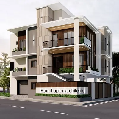 A different perspective of the modern residence, this 3D render highlights the building's dynamic form and the interplay of different textures. The design includes balconies and strategic window placements for light and views.