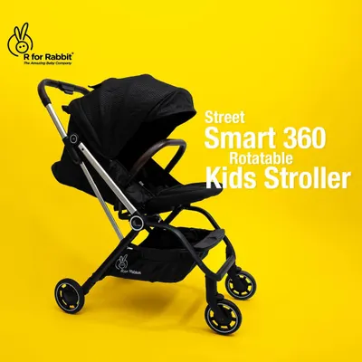 A clean, graphic-enhanced shot of an R for Rabbit stroller. This style is perfect for e-commerce, clearly presenting the product while highlighting its key selling points with text.