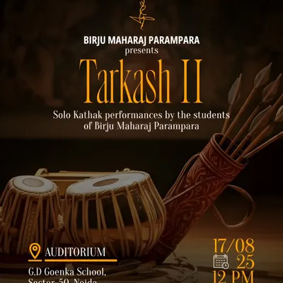 The official invitation for Tarkash II, our solo student showcase. The design, featuring the tabla and a quiver of arrows, symbolizes the event's focus on rhythm and emerging talent.