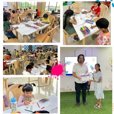 A vibrant collage from our Young Artists Contest in collaboration with Faber-Castell. It shows the full scope of the event, from kids deep in concentration to a winner receiving their prize.