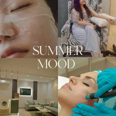 Our summer moodboard is all about achieving that perfect glow. It features a collage of our key summer services, including refreshing facials, IV drips for hydration, and a look inside our serene clinic space.